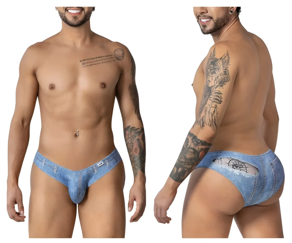 Blue denim cowboy briefs by candyman shown from the back with a cutout design made of denim fabric