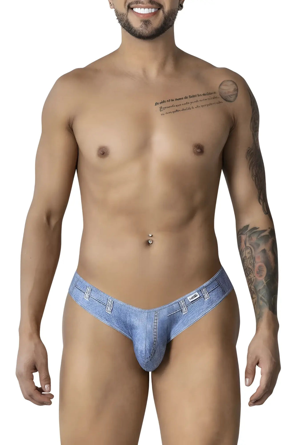 Light blue denim cowboy briefs with belt loop and button design CandyMan 99897 front view