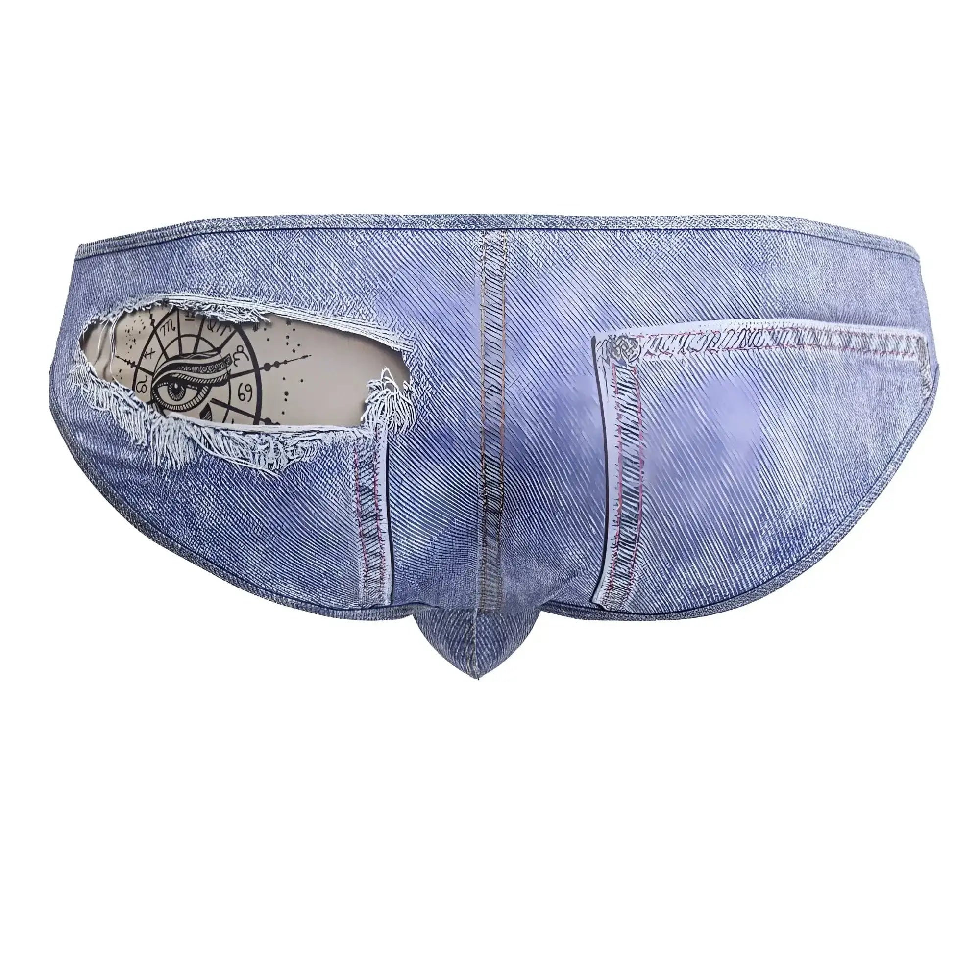 Blue denim candyMan 99897 cowboy briefs with distressed ripped patch showing eye and clock design