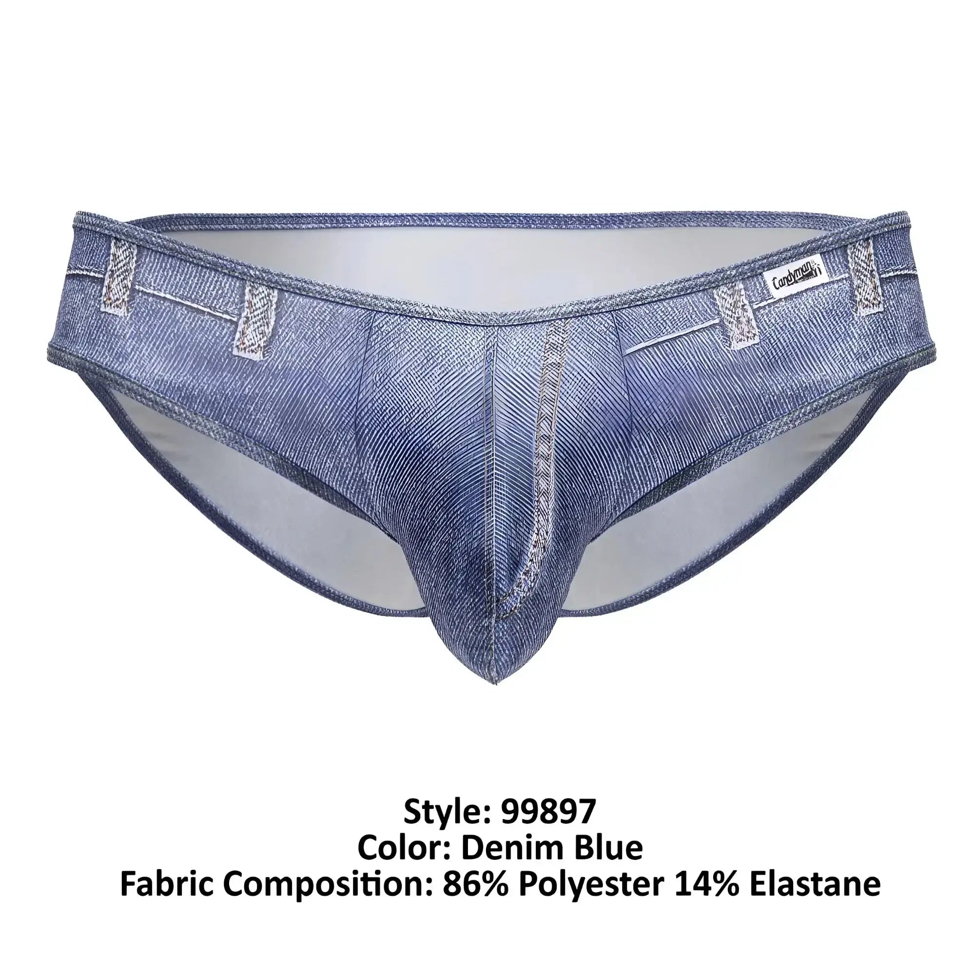Denim blue men’s briefs candy man 99897 cowboy briefs with faux denim texture and stitched pocket details
