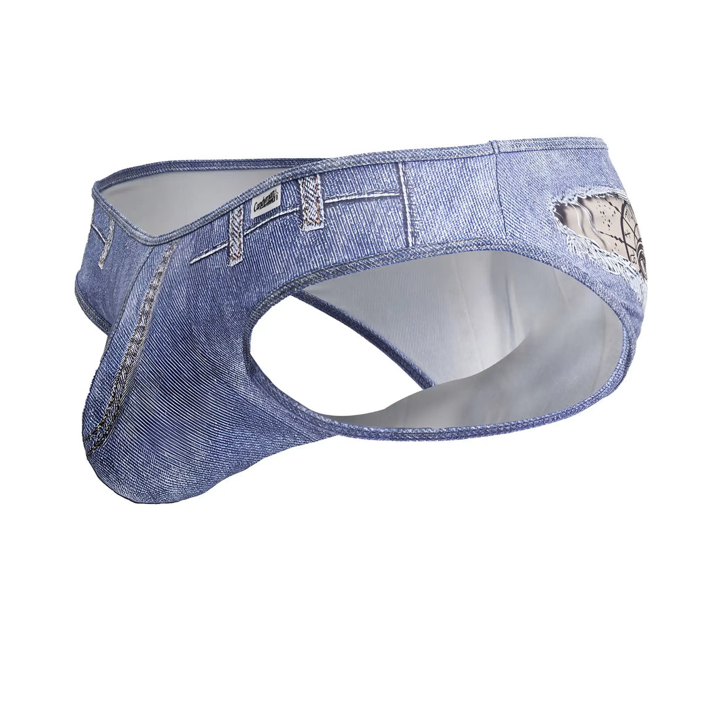 CandyMan 99897 cowboy briefs in denim blue featuring distressed patch and lace trim in blue denim-style fabric