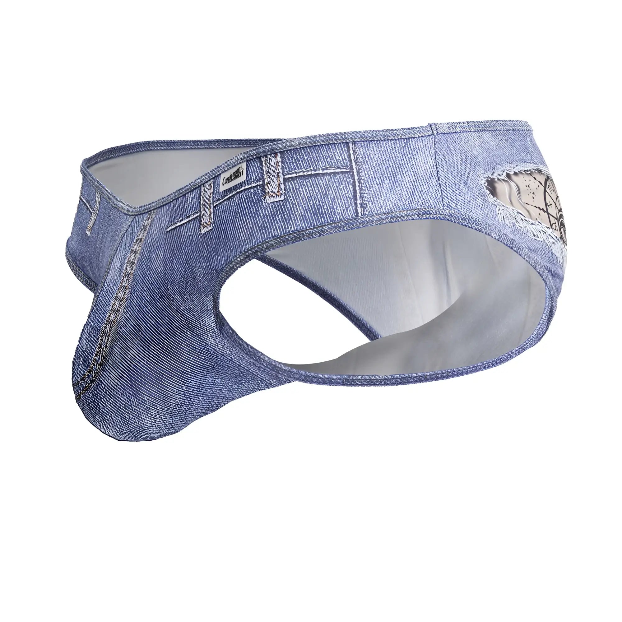 CandyMan 99897 cowboy briefs in denim blue featuring distressed patch and lace trim in blue denim-style fabric