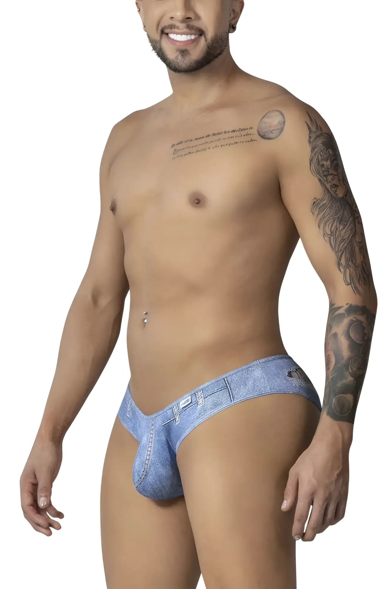CandyMan 99897 cowboy briefs in denim blue with blue denim style fabric front pocket and belt loop detail