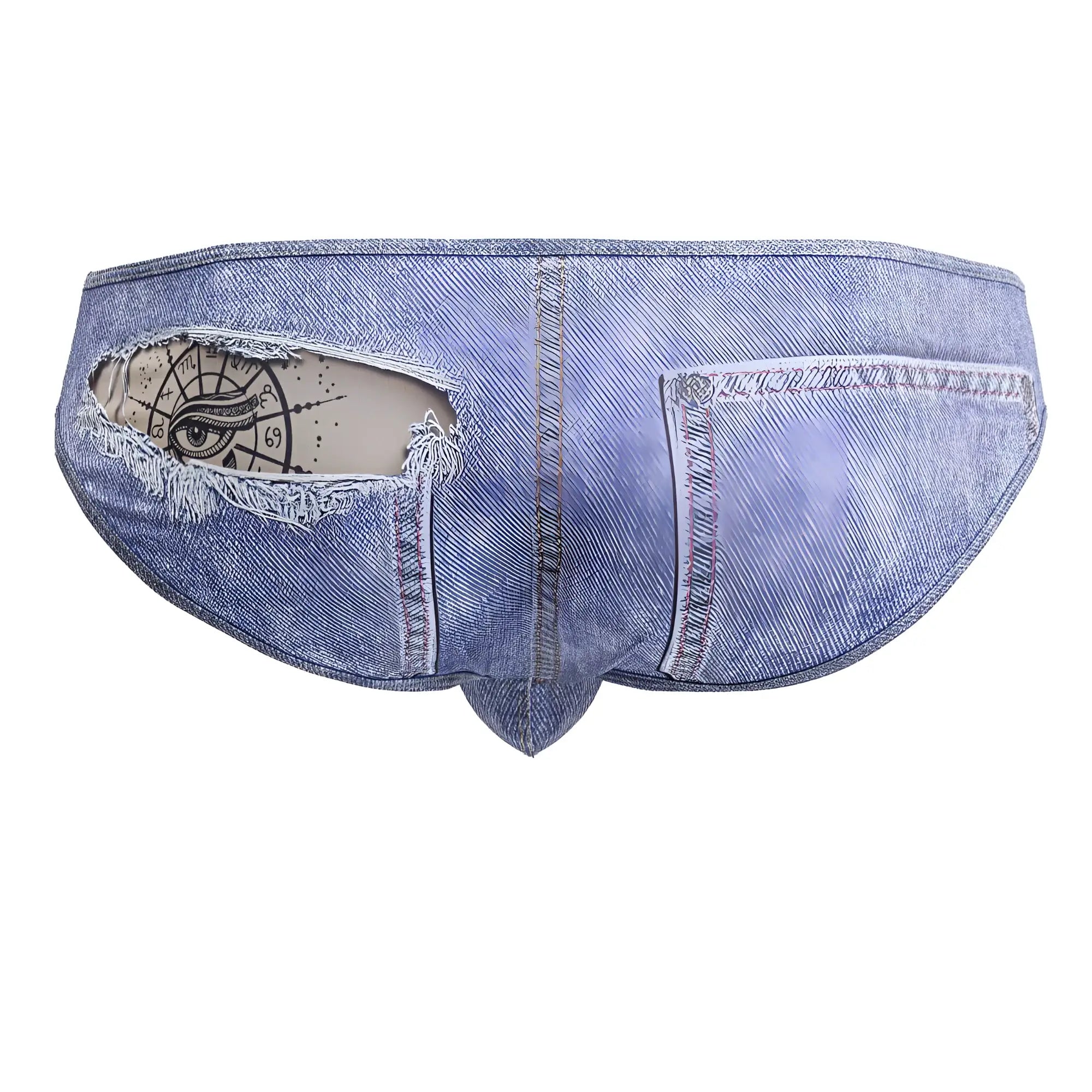Blue denim candyMan 99897 cowboy briefs with distressed ripped patch showing eye and clock design
