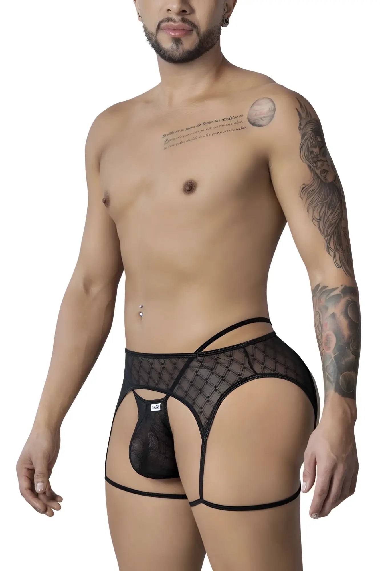 Black mesh CandyMan 99898 geometric thongs with diamond pattern and thin supportive straps front view