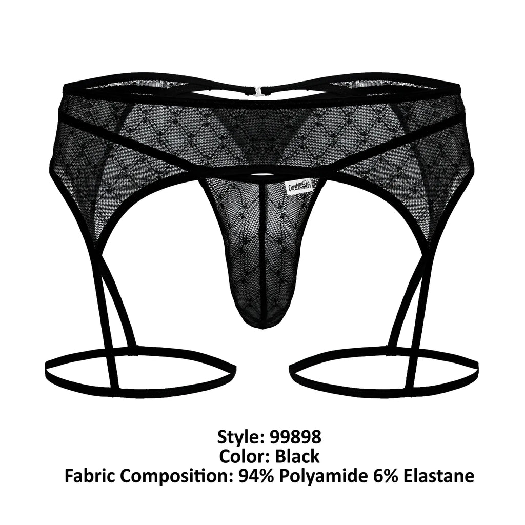 Black lace candyMan 99898 garter belt with diamond pattern mesh and elastic straps in black color