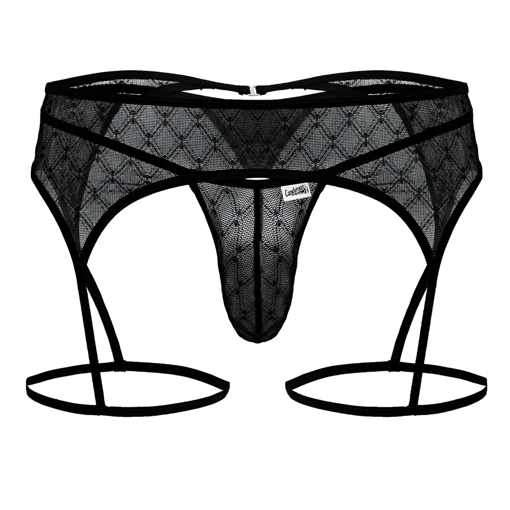 Black lace thong candyMan 99898 with adjustable garter straps and diamond-patterned mesh design in black
