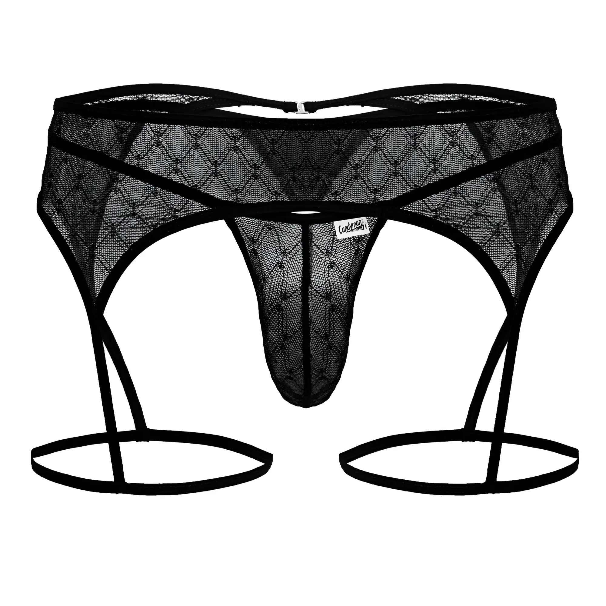 Black lace thong candyMan 99898 with adjustable garter straps and diamond-patterned mesh design in black