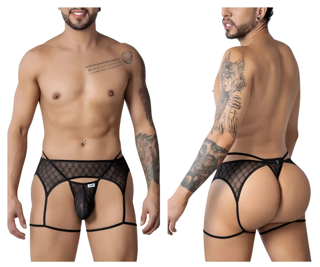 Black lace thong with adjustable straps and geometric mesh design from candyman 99898 in black color