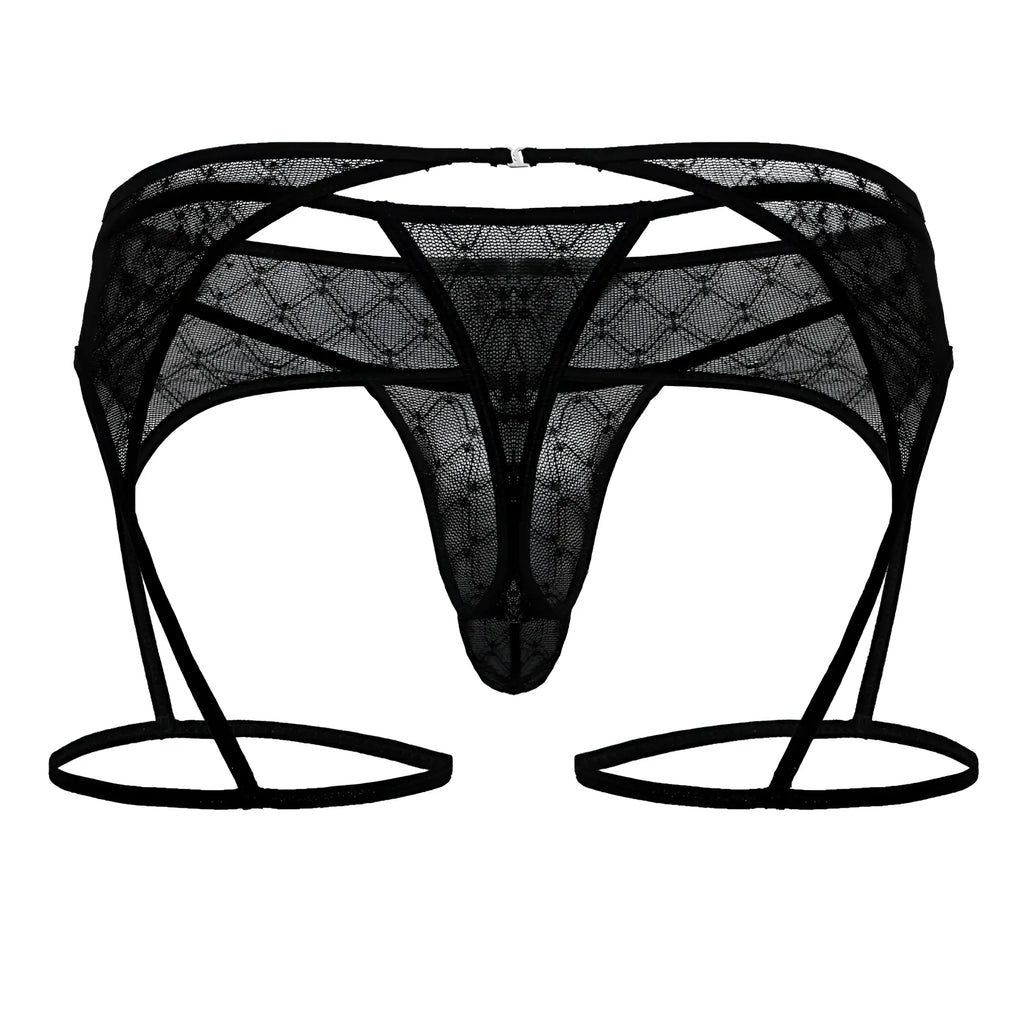 Black lace thong with garter straps and geometric diamond mesh design from candyman 99898 in black color