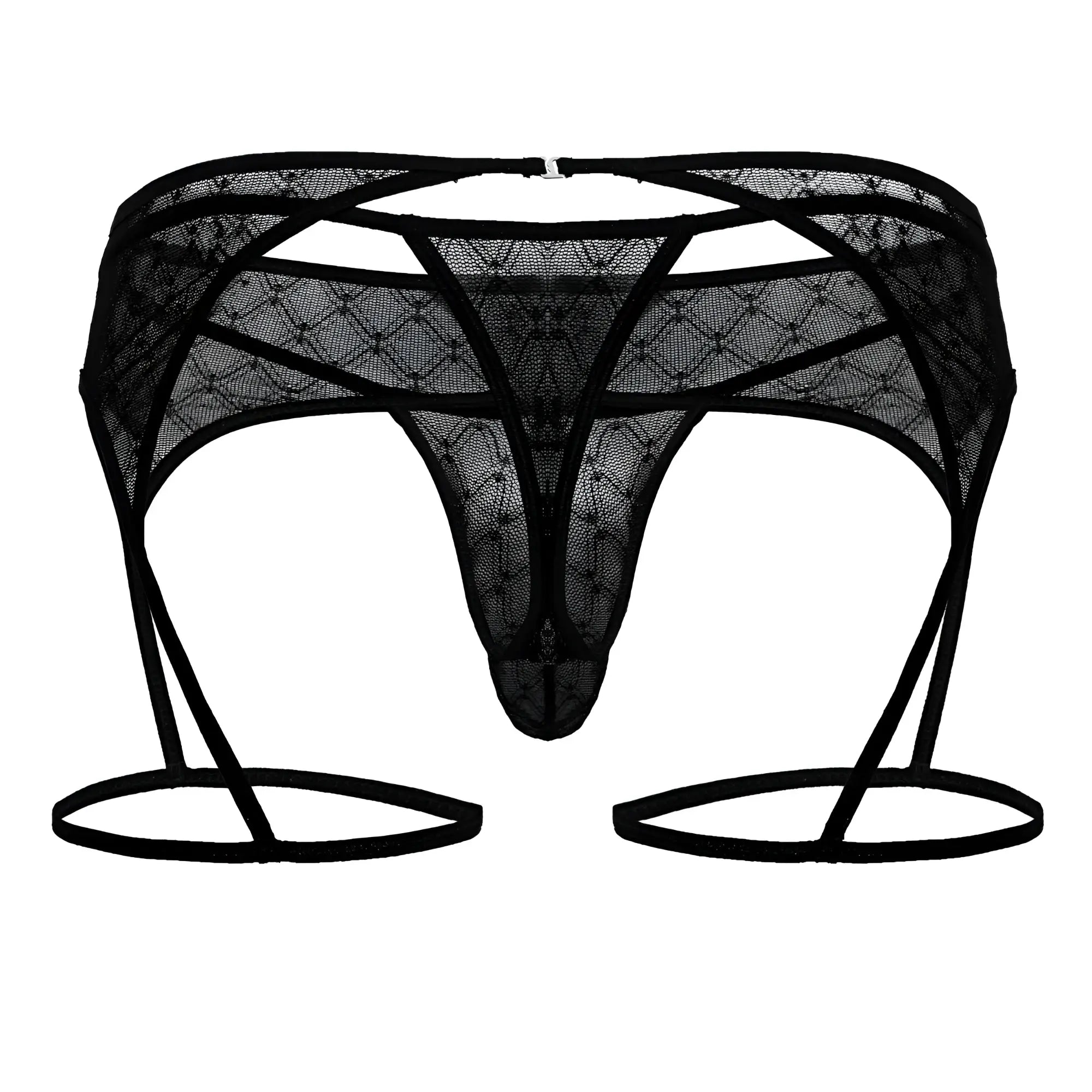 Black lace thong with garter straps and geometric diamond mesh design from candyman 99898 in black color