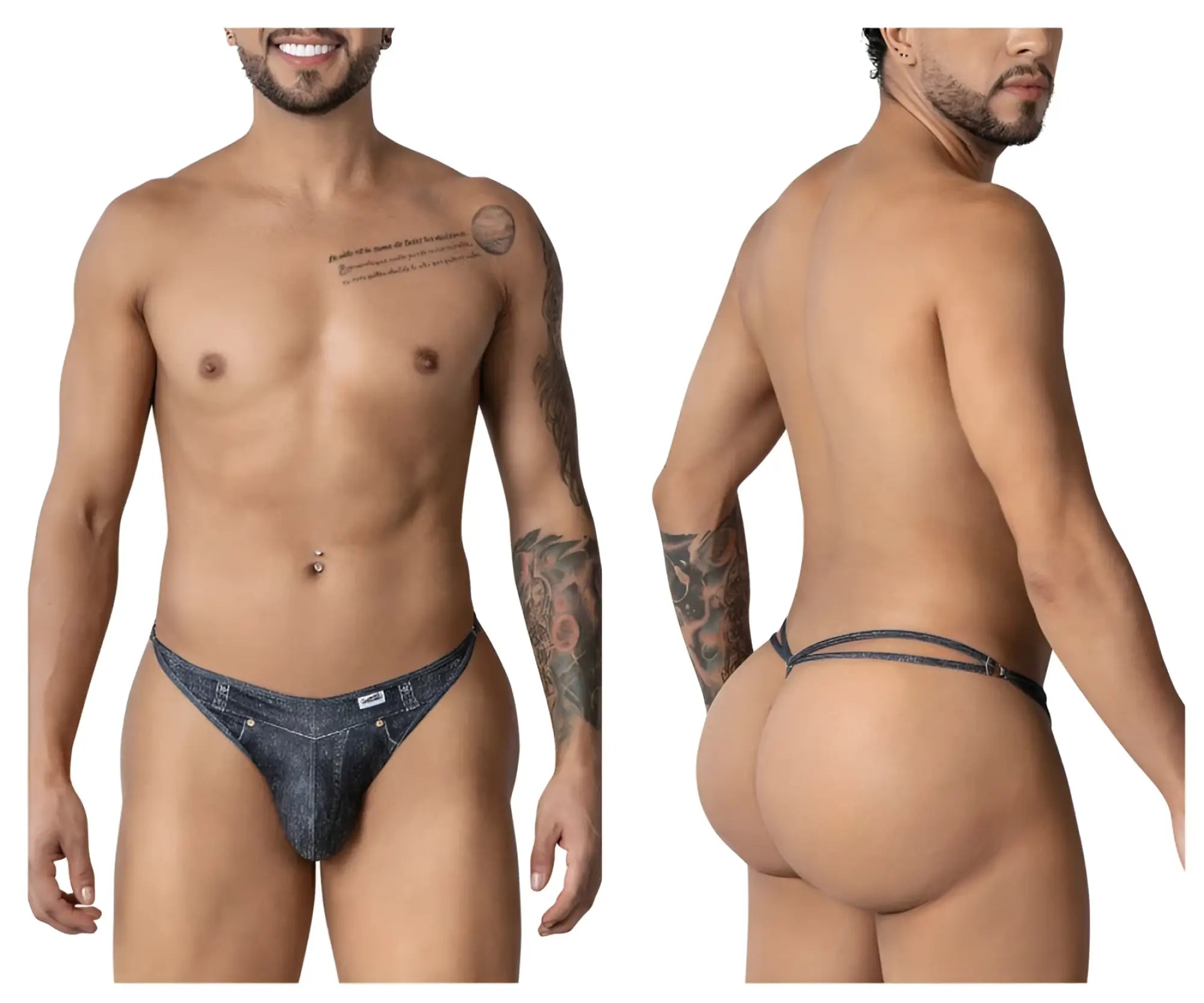 Blue denim thong with a small white brand tag on the front from Candyman 99899 Cowboy Thongs color denim black collection