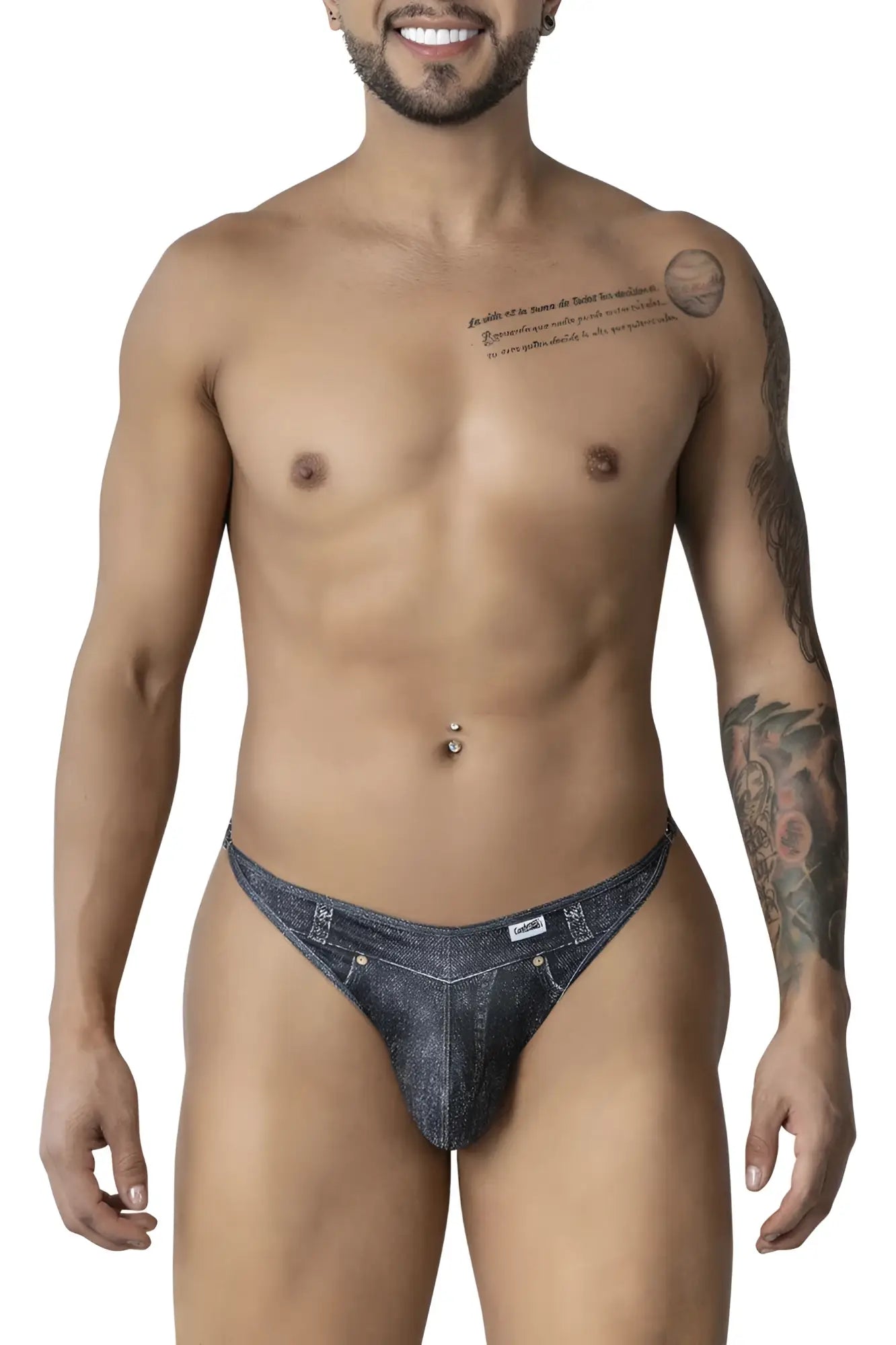 Dark blue denim candyMan 99899 cowboy thong briefs with subtle textured pattern and gold-tone waistband hardware