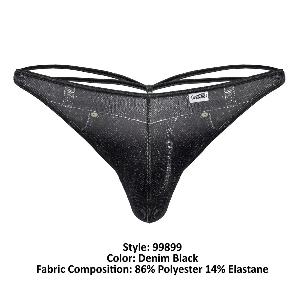 Denim black cowboy thong with textured slightly shiny fabric and reinforced stitching from candyman 99899