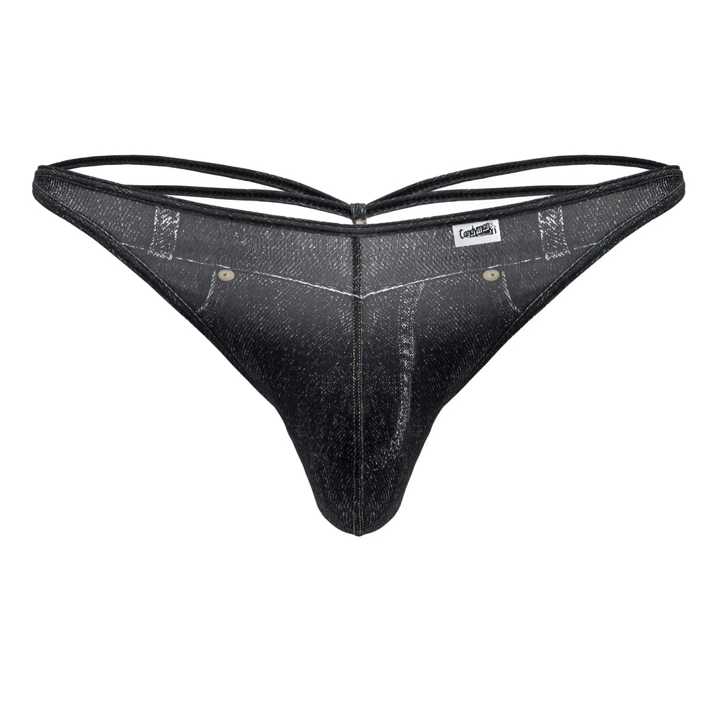 Black denim-style thong candyMan 99899 with subtle glittery sheen and reinforced stitching details in black color