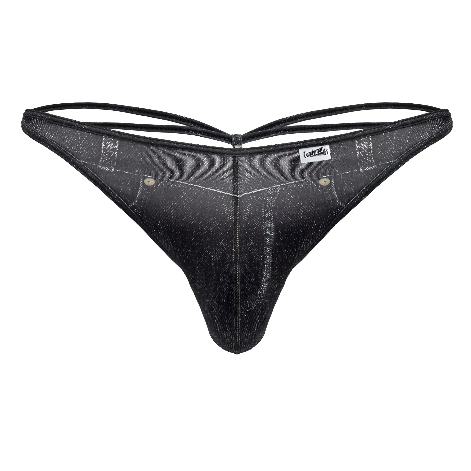 Black denim-style thong candyMan 99899 with subtle glittery sheen and reinforced stitching details in black color