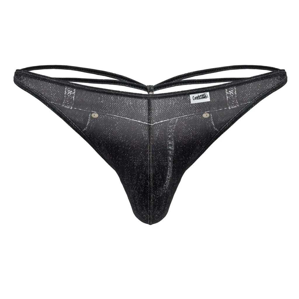 Black denim-style thong candyMan 99899 with subtle glittery sheen and reinforced stitching details in black color