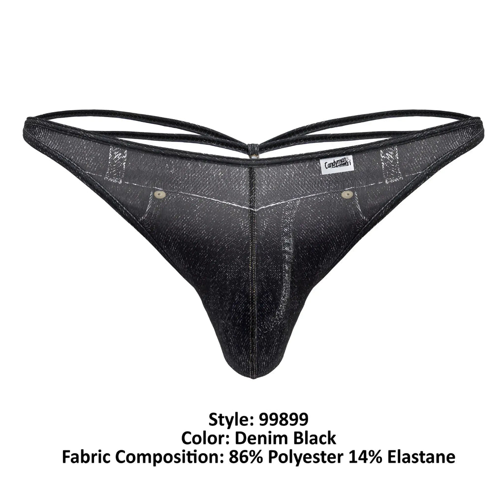 Denim black cowboy thong with textured slightly shiny fabric and reinforced stitching from candyman 99899