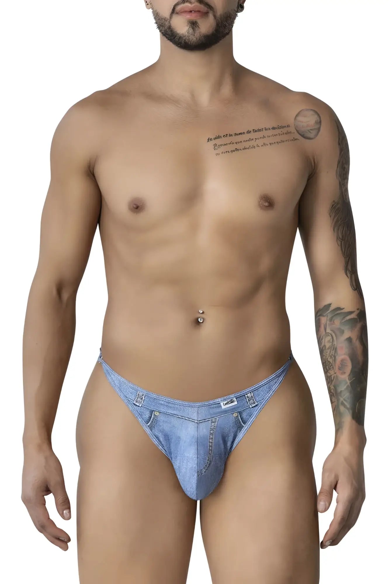 Light blue denim CandyMan 99899 cowboy thongs with subtle faded wash and stitched detailing front view