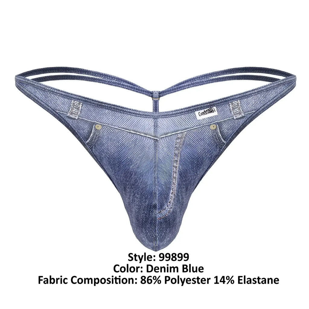 Denim blue mens thong by Candyman made of 86 polyester 14 elastane with classic denim texture and stitched details