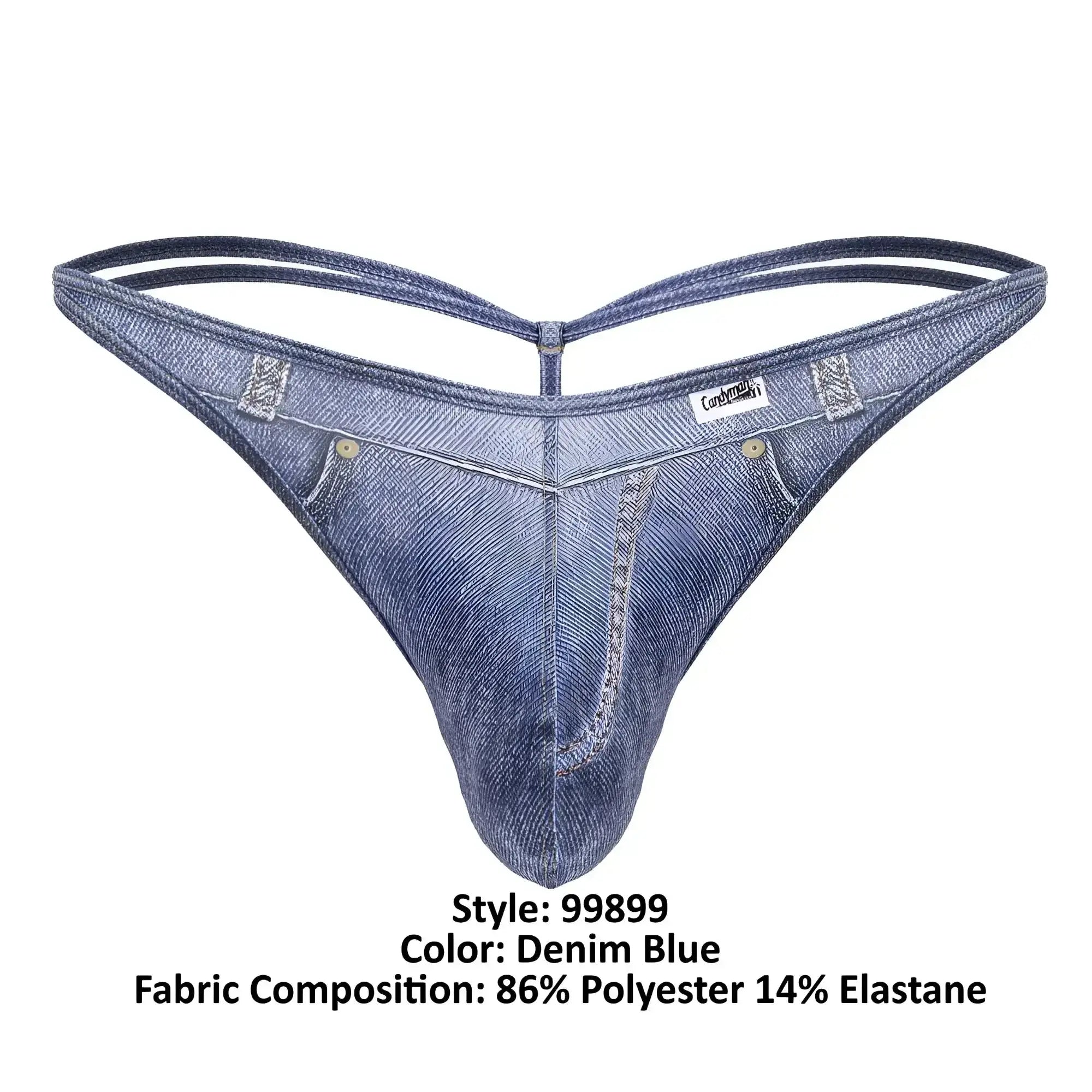 Denim blue mens thong by Candyman made of 86 polyester 14 elastane with classic denim texture and stitched details