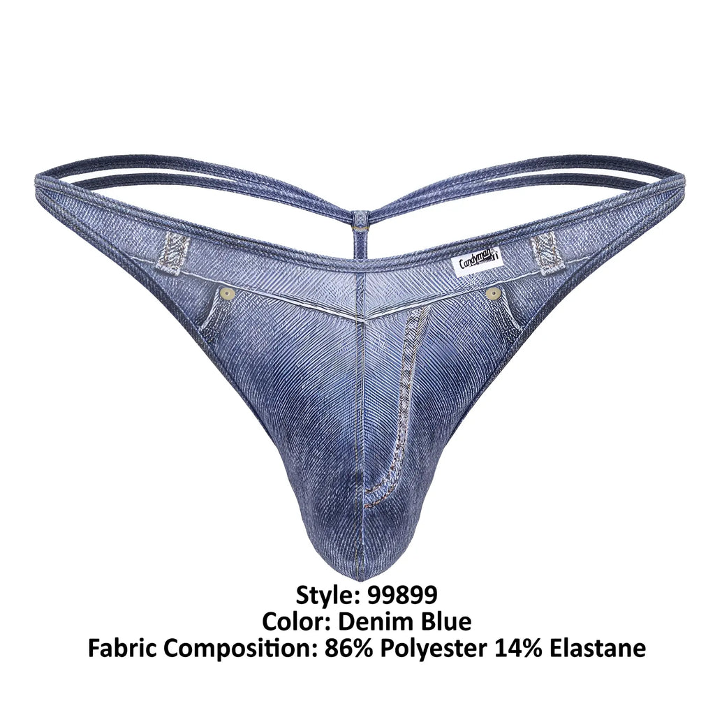 Denim blue mens thong by Candyman made of 86 polyester 14 elastane with classic denim texture and stitched details
