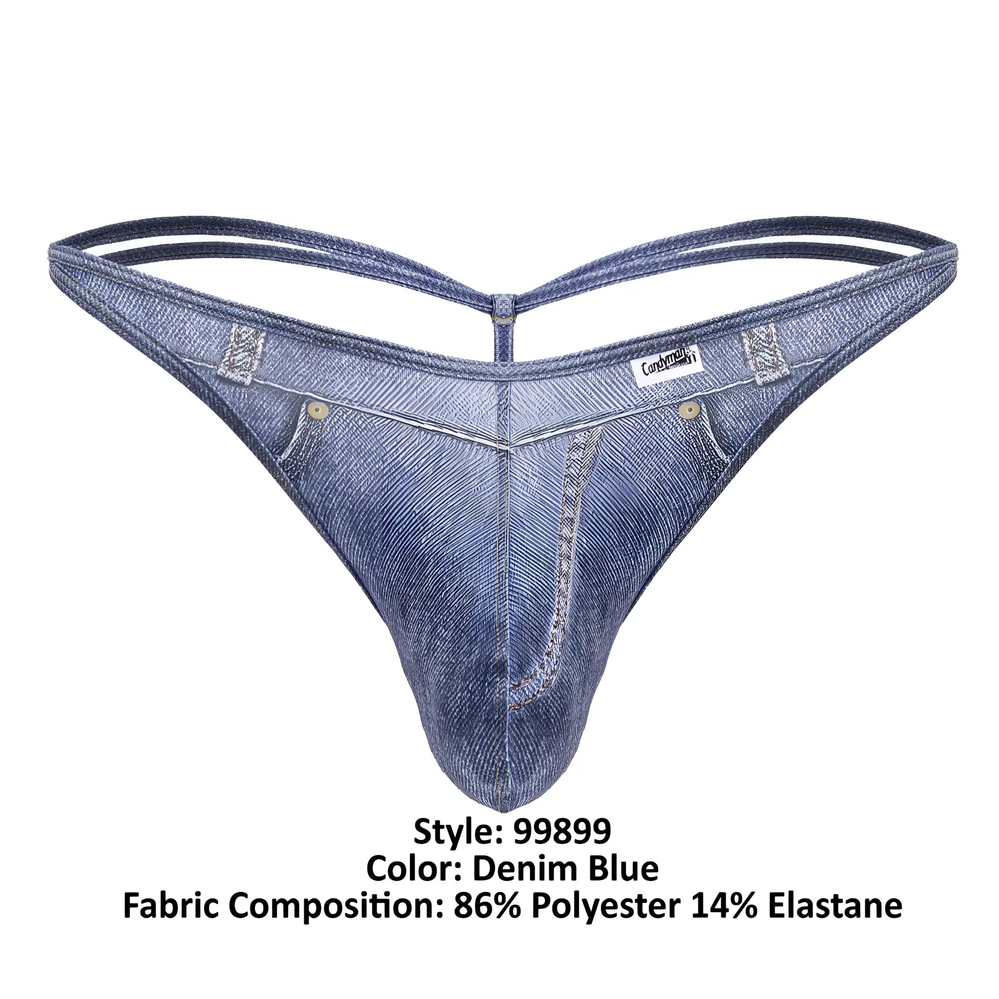Denim blue mens thong by Candyman made of 86 polyester 14 elastane with classic denim texture and stitched details