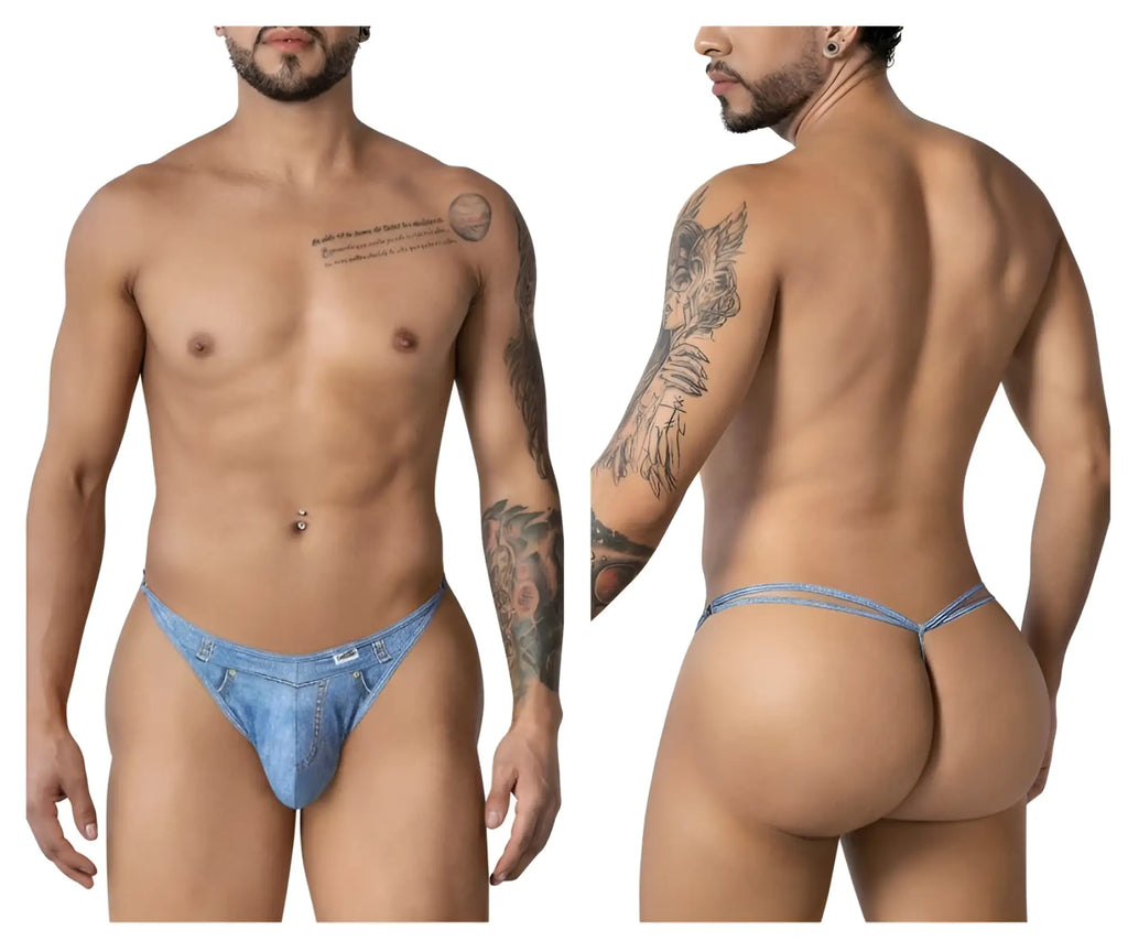 Blue denim-style thong with small front pocket and belt loops from CandyMan 99899 cowboy thongs collection