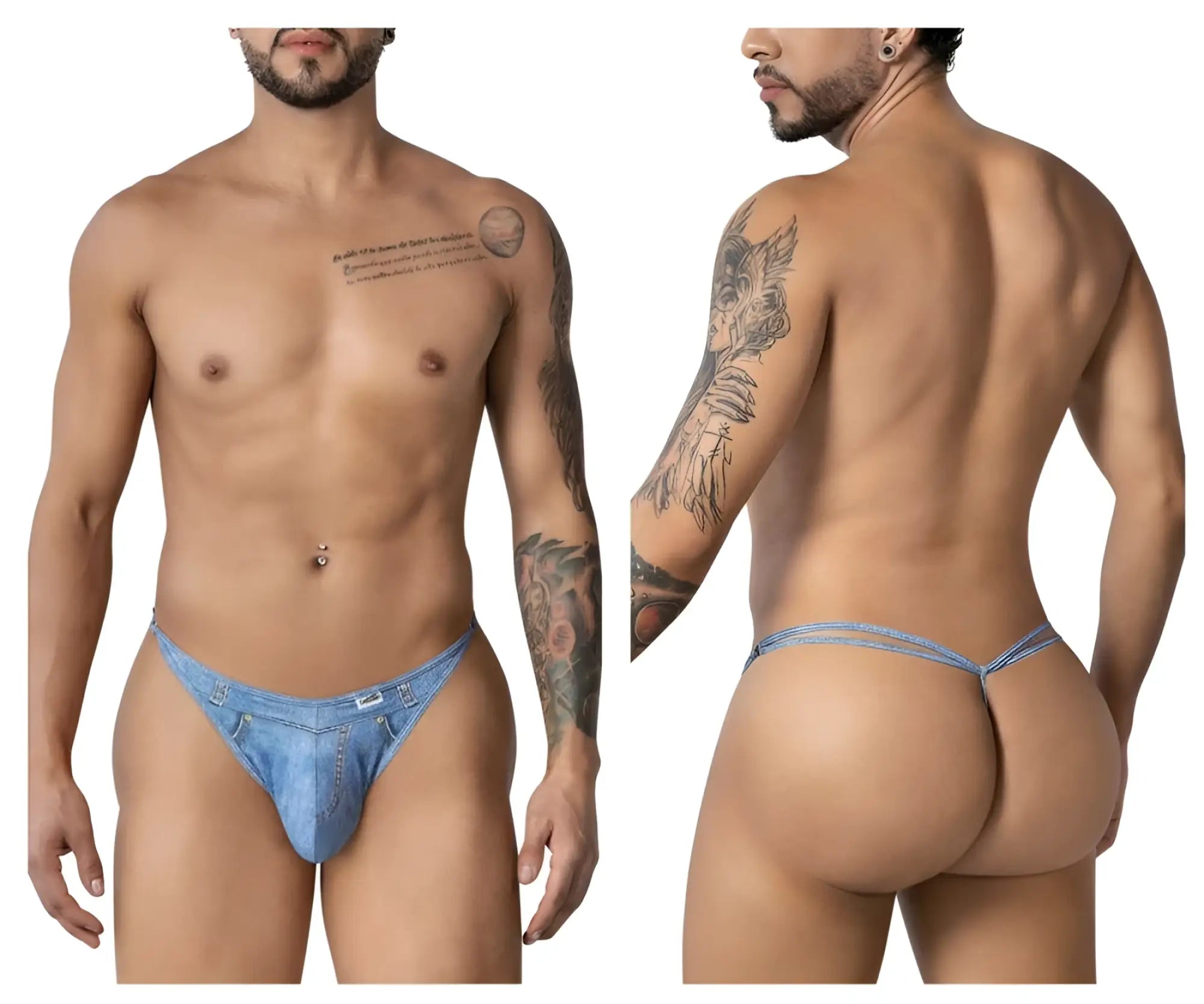 Blue denim-style thong with small front pocket and belt loops from CandyMan 99899 cowboy thongs collection