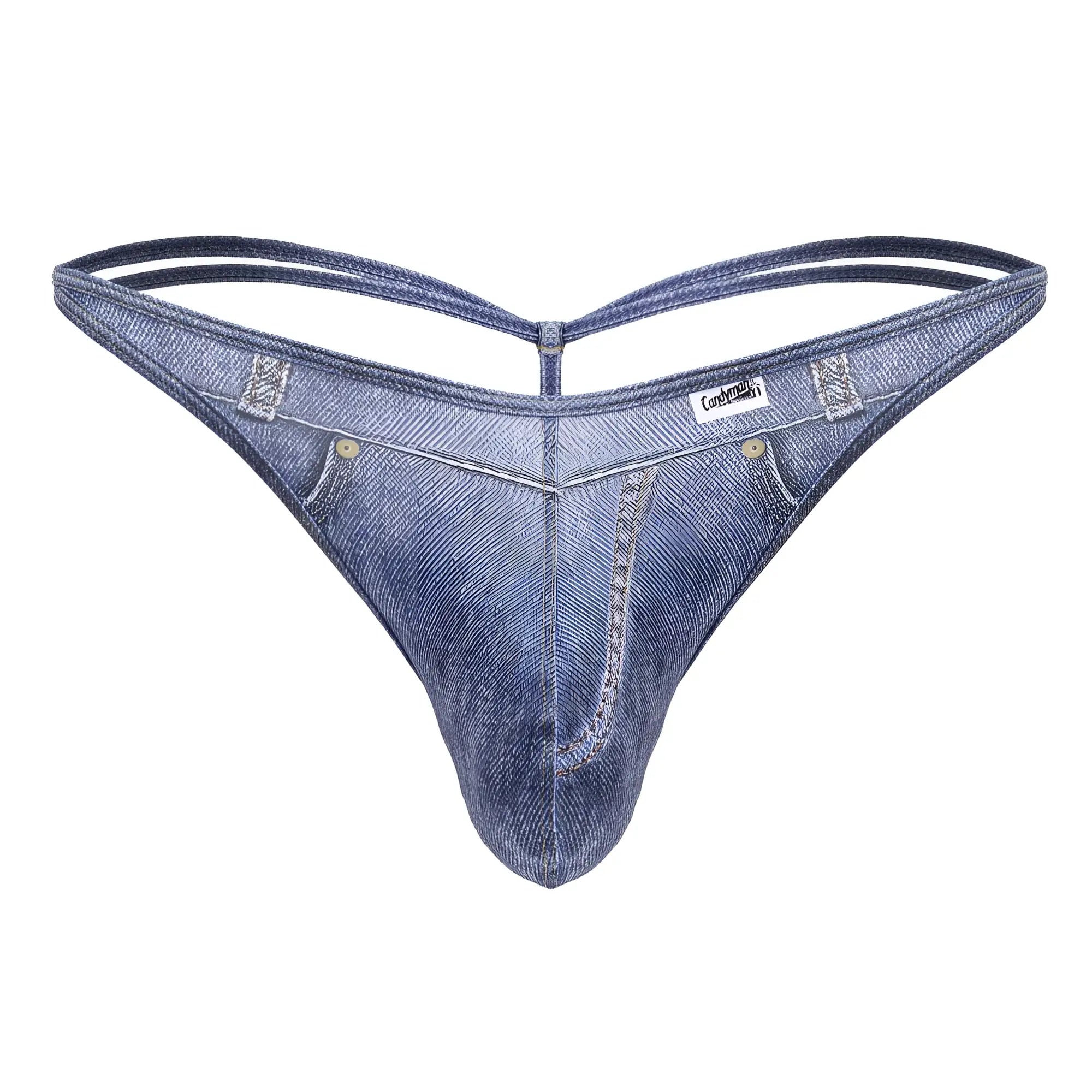 Blue denim thong from candyMan 99899 cowboy thongs featuring classic jeans design and subtle stitching details