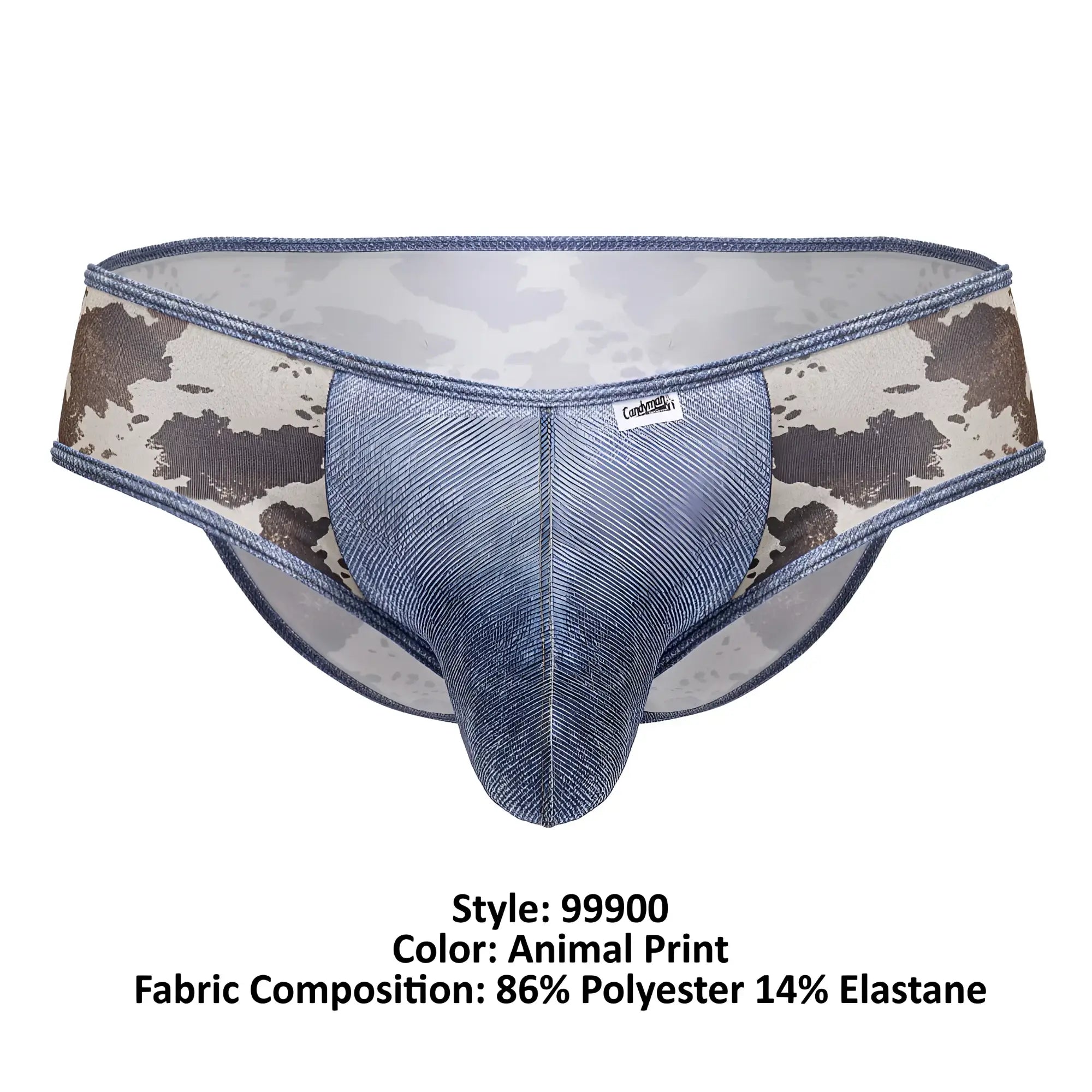 Candyman 99900 cowboy briefs in blue denim with brown and beige animal print side panels for men