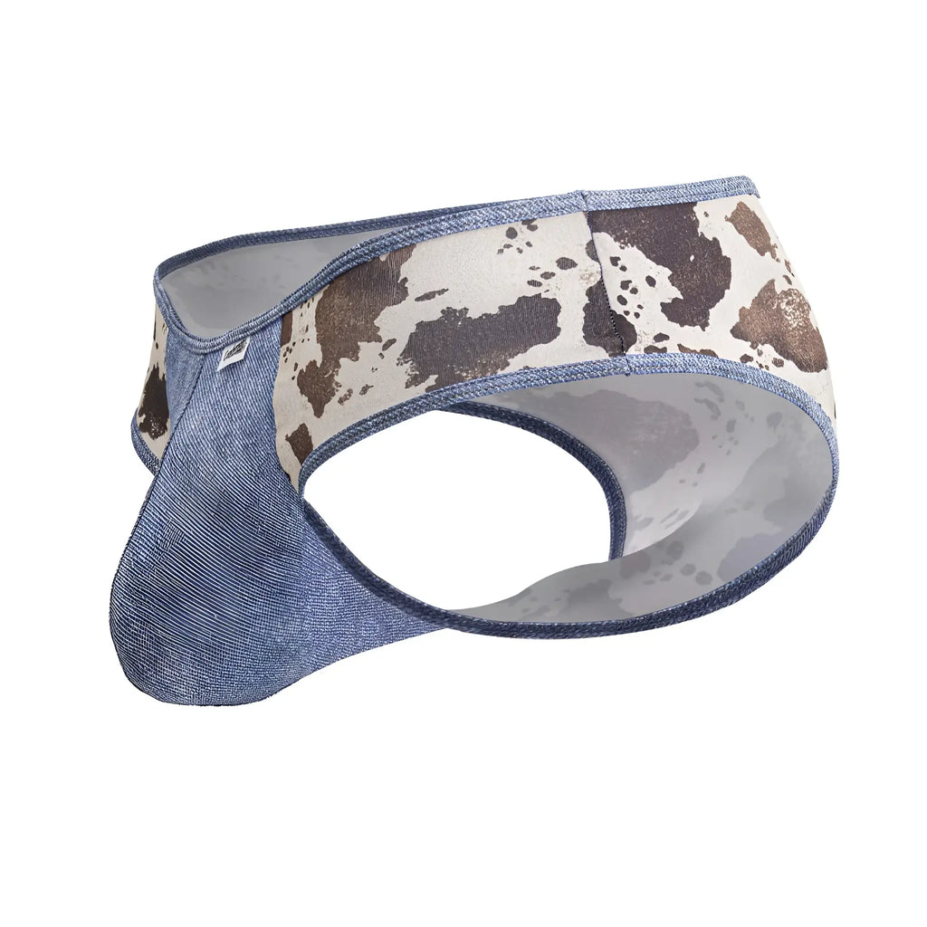 Blue denim patterned mens briefs with cow print front panel candyMan 99900 cowboy briefs color animal print