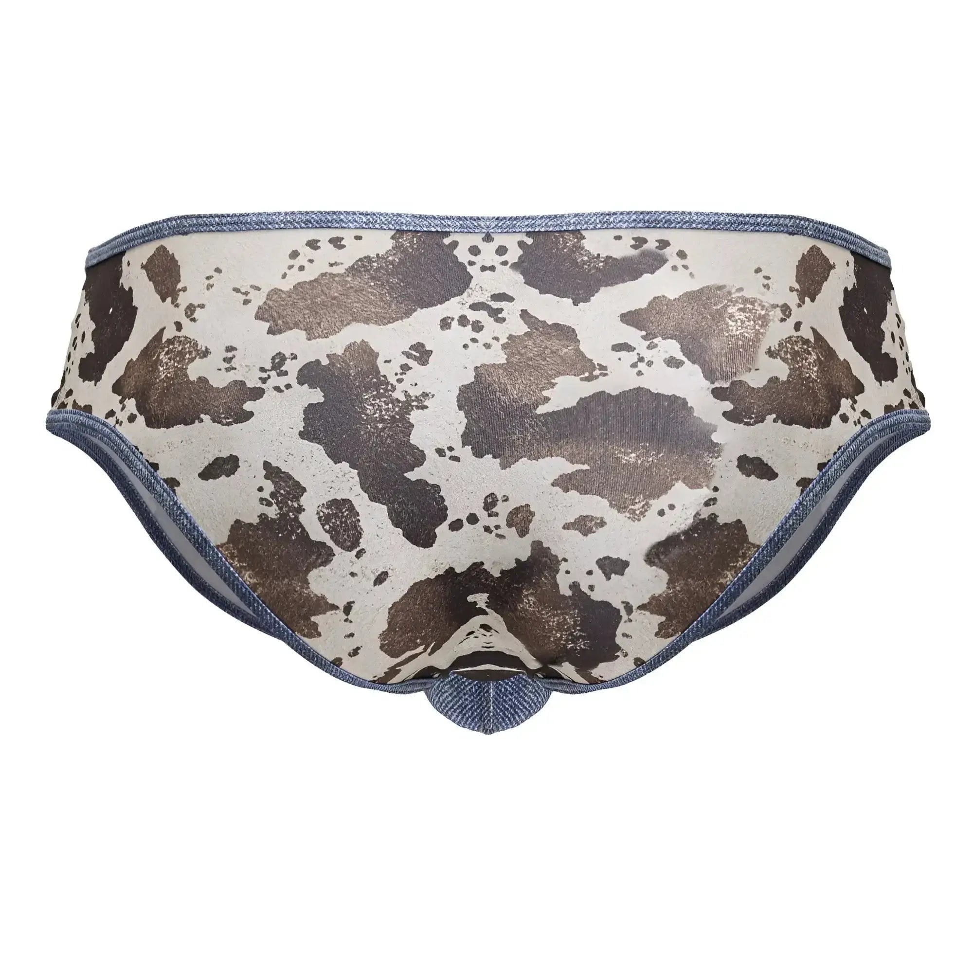 CandyMan 99900 cowboy briefs in cow print with denim trim showing front side in animal print colors