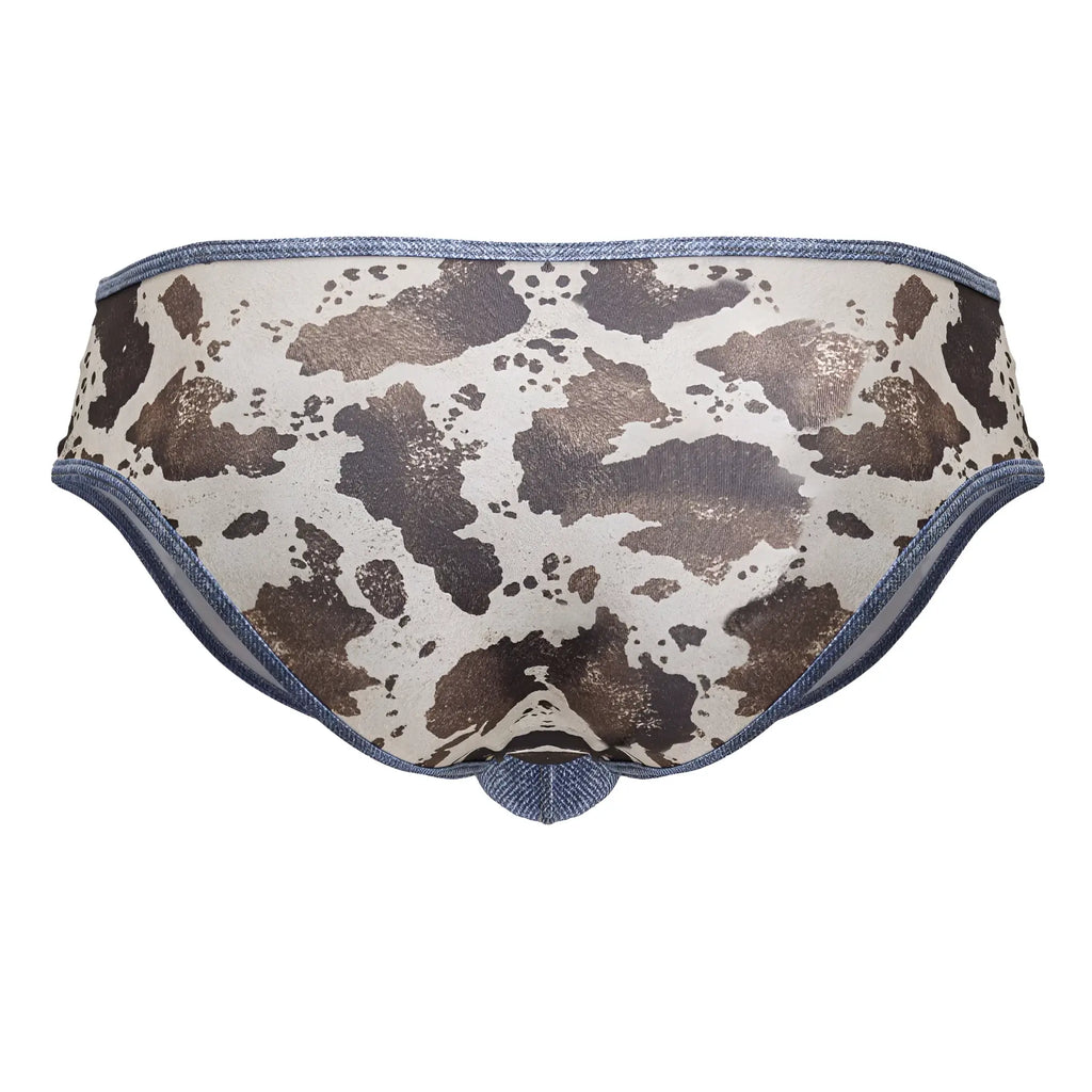 CandyMan 99900 cowboy briefs in cow print with denim trim showing front side in animal print colors