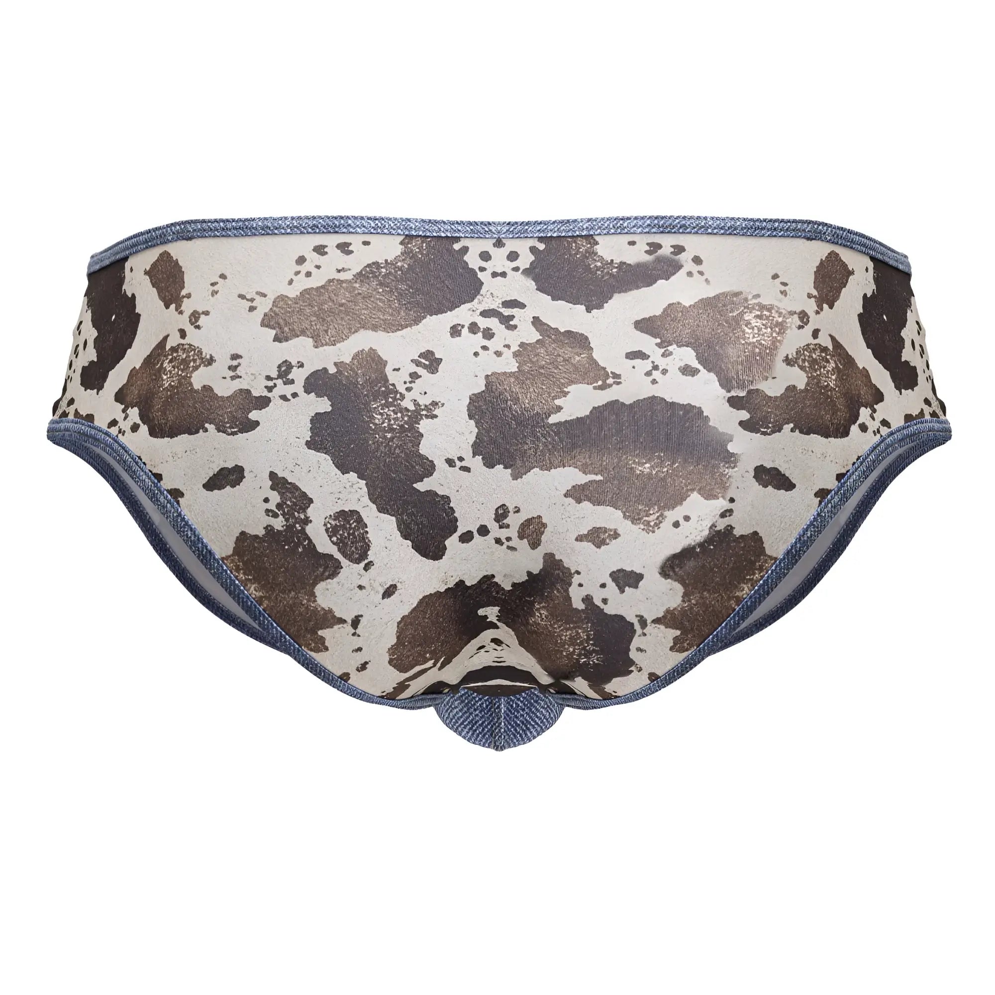 CandyMan 99900 cowboy briefs in cow print with denim trim showing front side in animal print colors