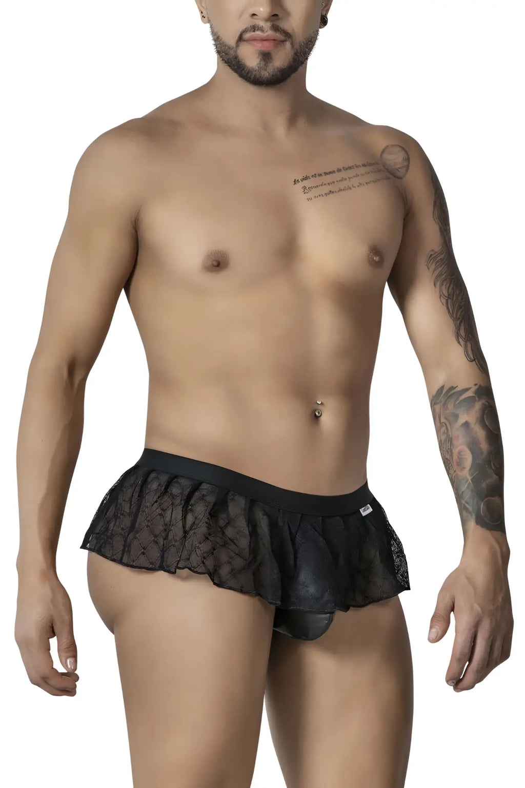 Black lace-trimmed mens underwear with ruffled hem and sheer mesh panel candyMan 99901 geometric mesh thongs black