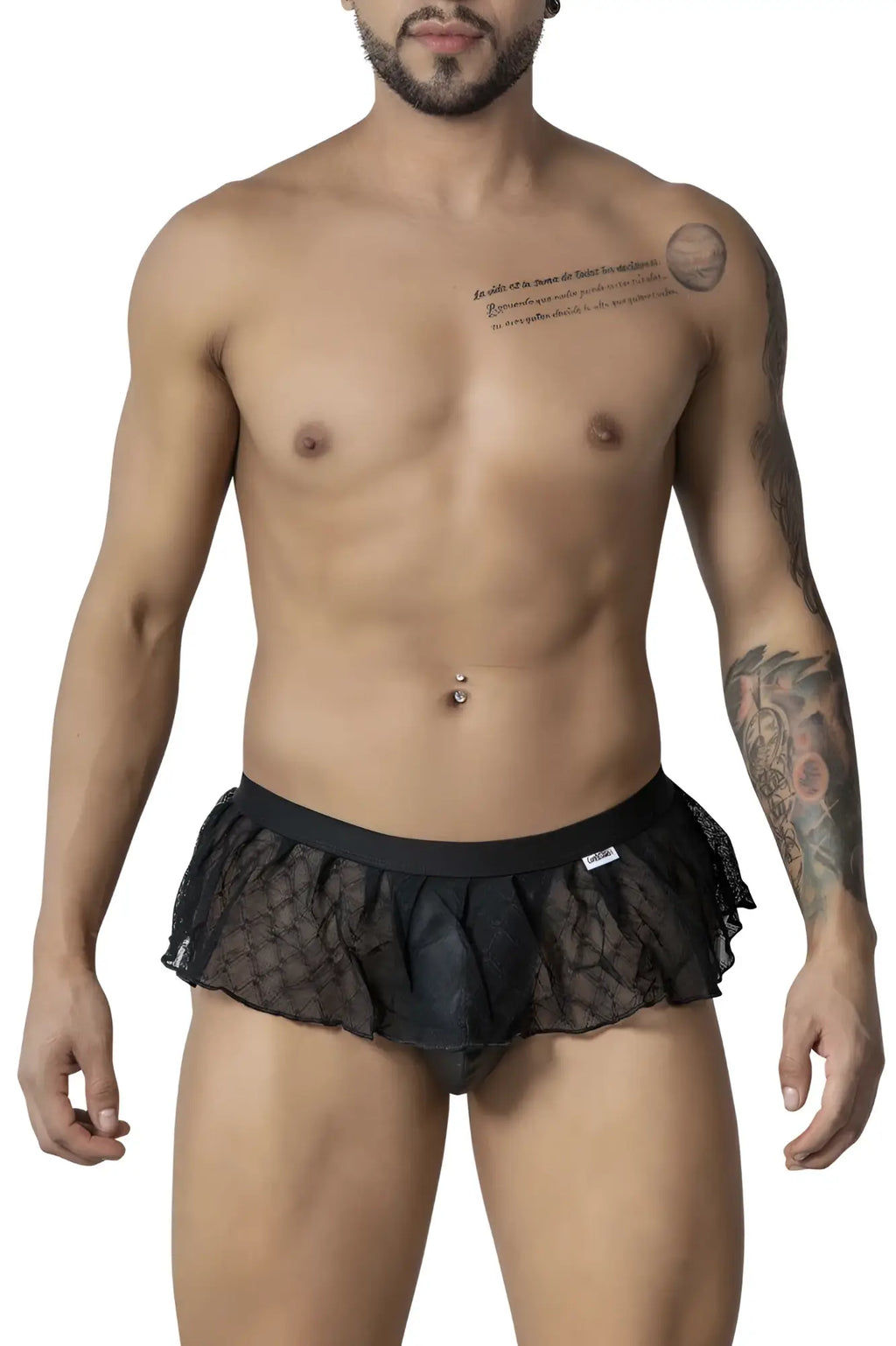 Black lace trimmed mens underwear with ruffled hem and elastic waistband candy man 99901 geometric mesh thong black