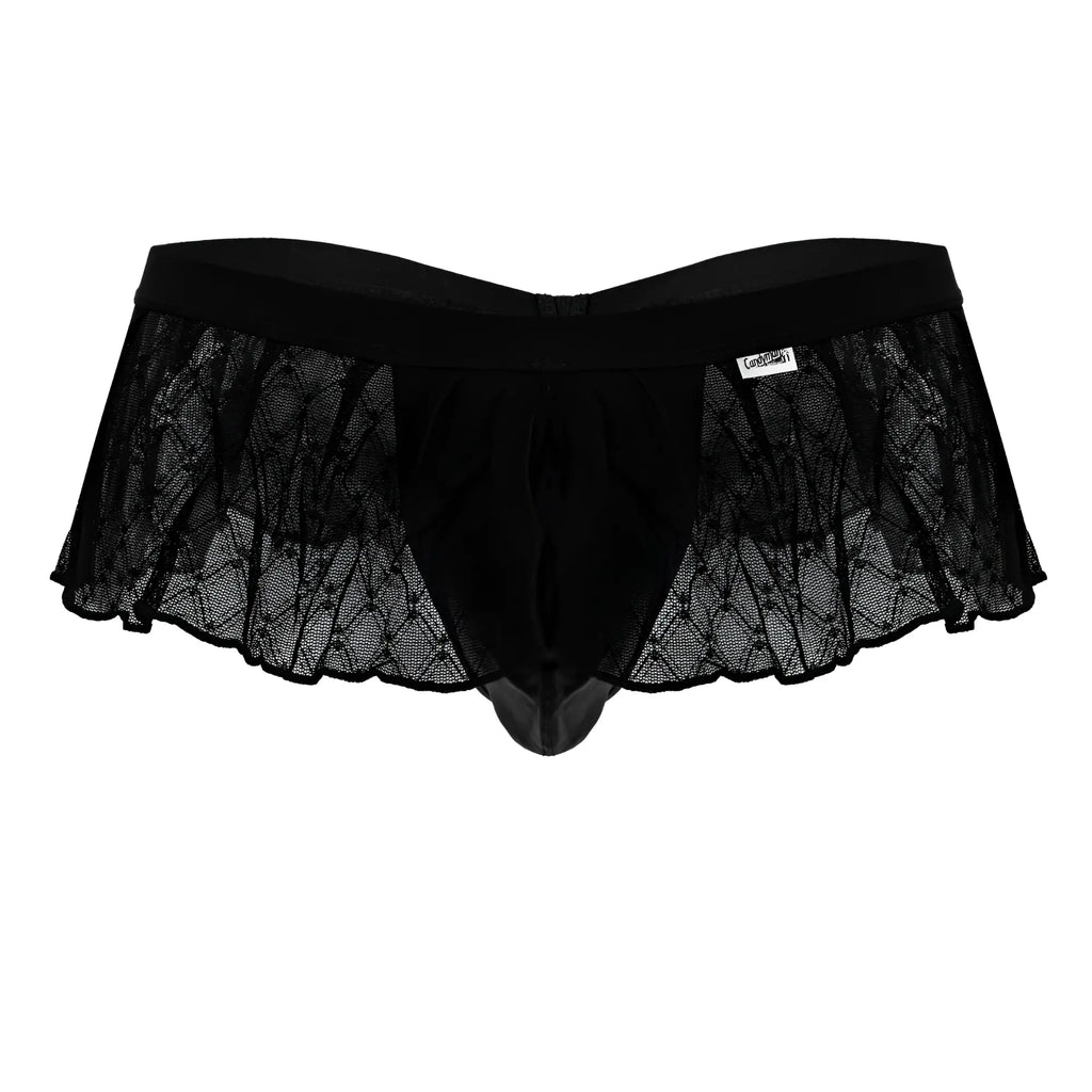 Black lace-trimmed mens thong with sheer geometric mesh and solid black elastic waistband candy man 99901