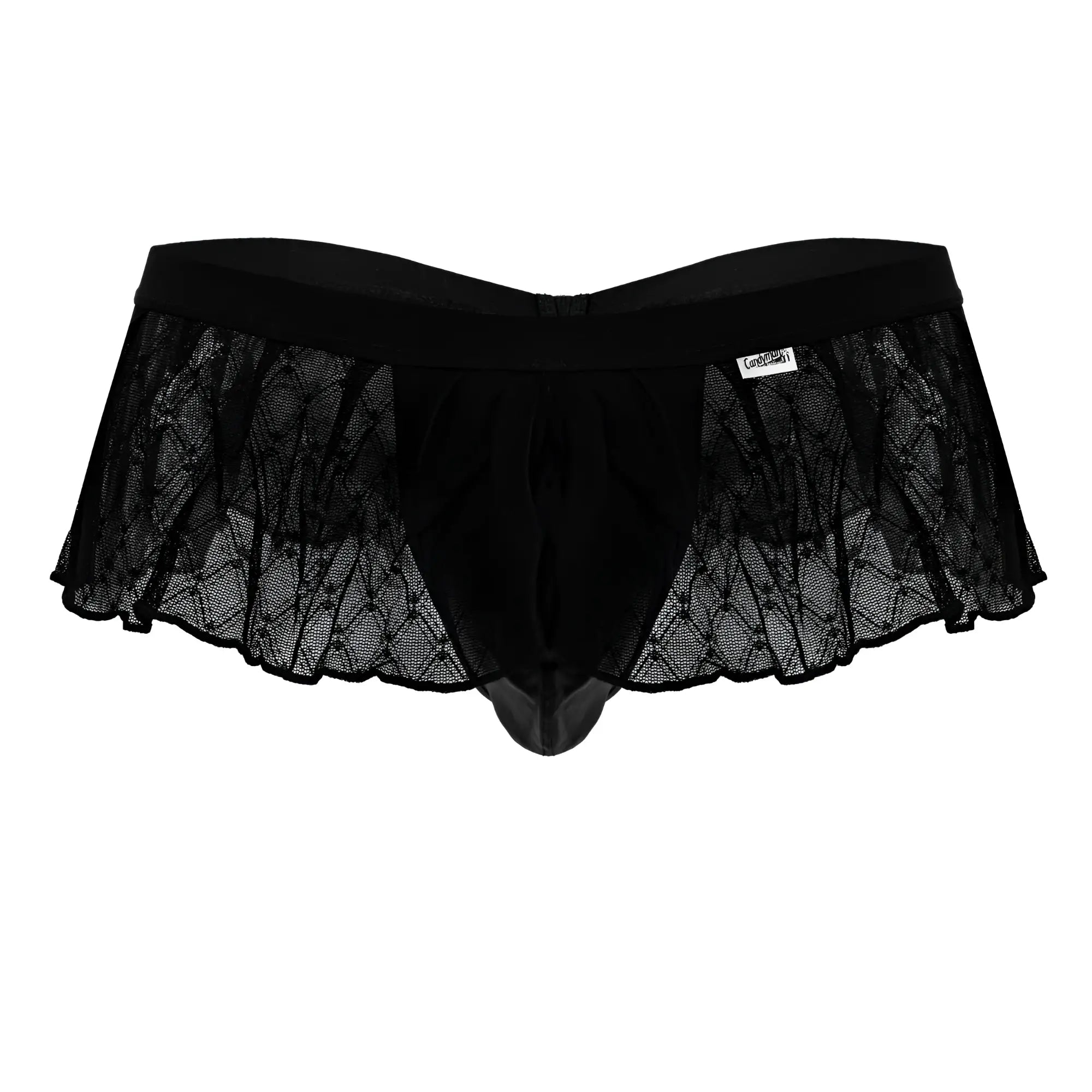 Black lace-trimmed mens thong with sheer geometric mesh and solid black elastic waistband candy man 99901