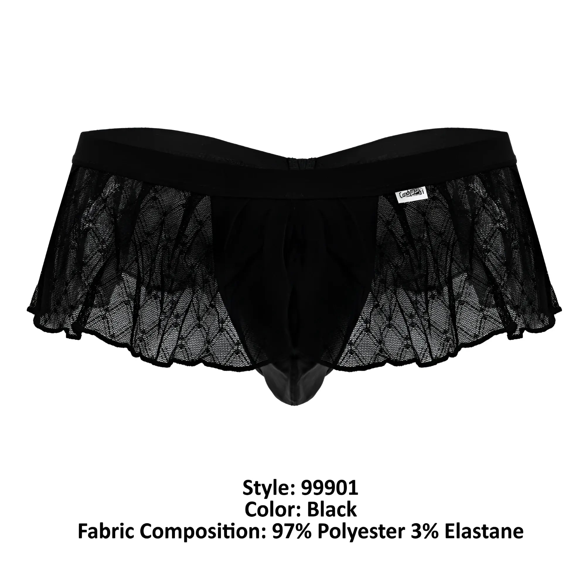 CandyMan 99901 black men’s thong with sheer geometric mesh panels and lace trim featuring a solid black waistband