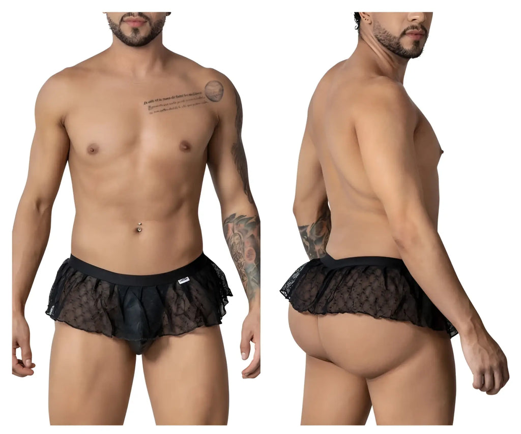 Black candyMan 99901 geometric mesh thong briefs with lace trim ruffled hem and elastic waistband