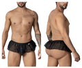 Black candyMan 99901 geometric mesh thong briefs with lace trim ruffled hem and elastic waistband