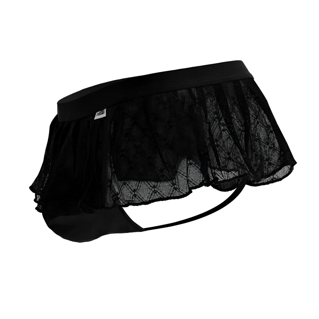 Black candyMan 99901 geometric mesh thong briefs with lace trim ruffled sheer overlay and elastic waistband