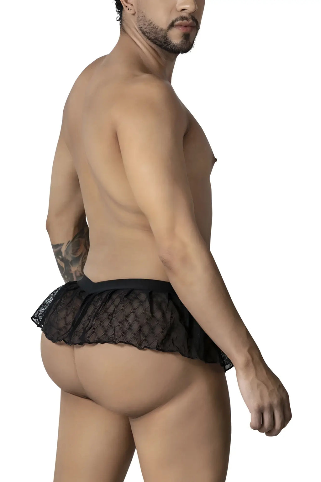 Black lace candyMan 99901 geometric mesh thong with flared ruffled hemline showing the back side