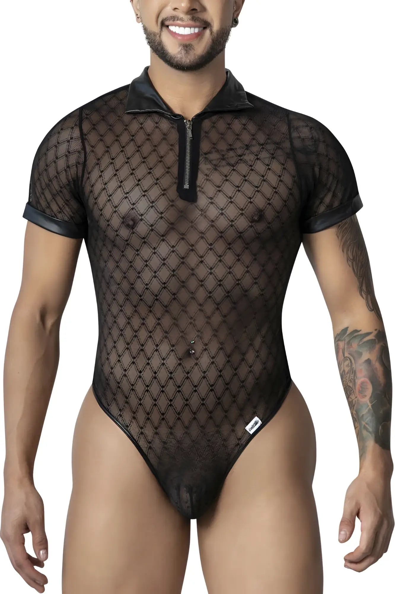 Black candy man 99902 geometric mesh bodysuit with collar and zipper front made of sheer mesh material