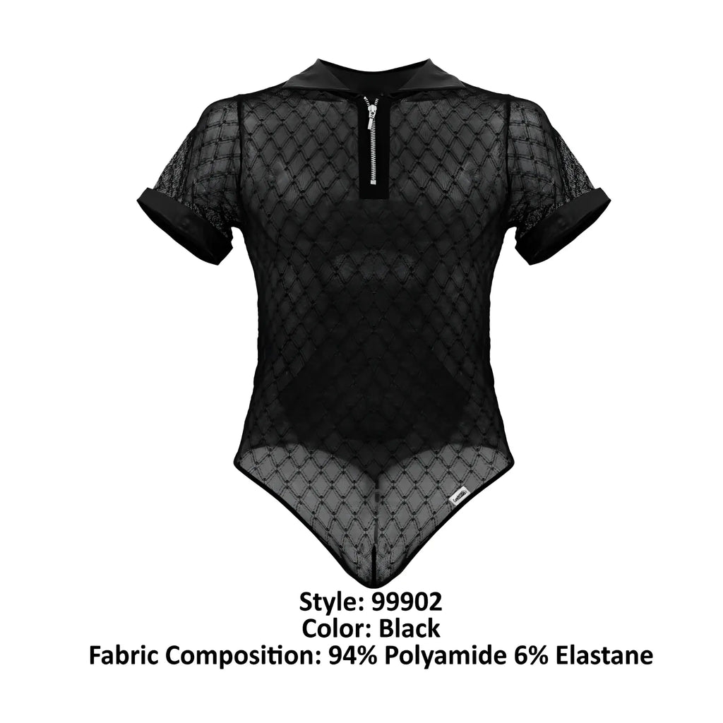 CandyMan 99902 geometric mesh bodysuit in black sheer mesh with collar short sleeves and front zipper closure