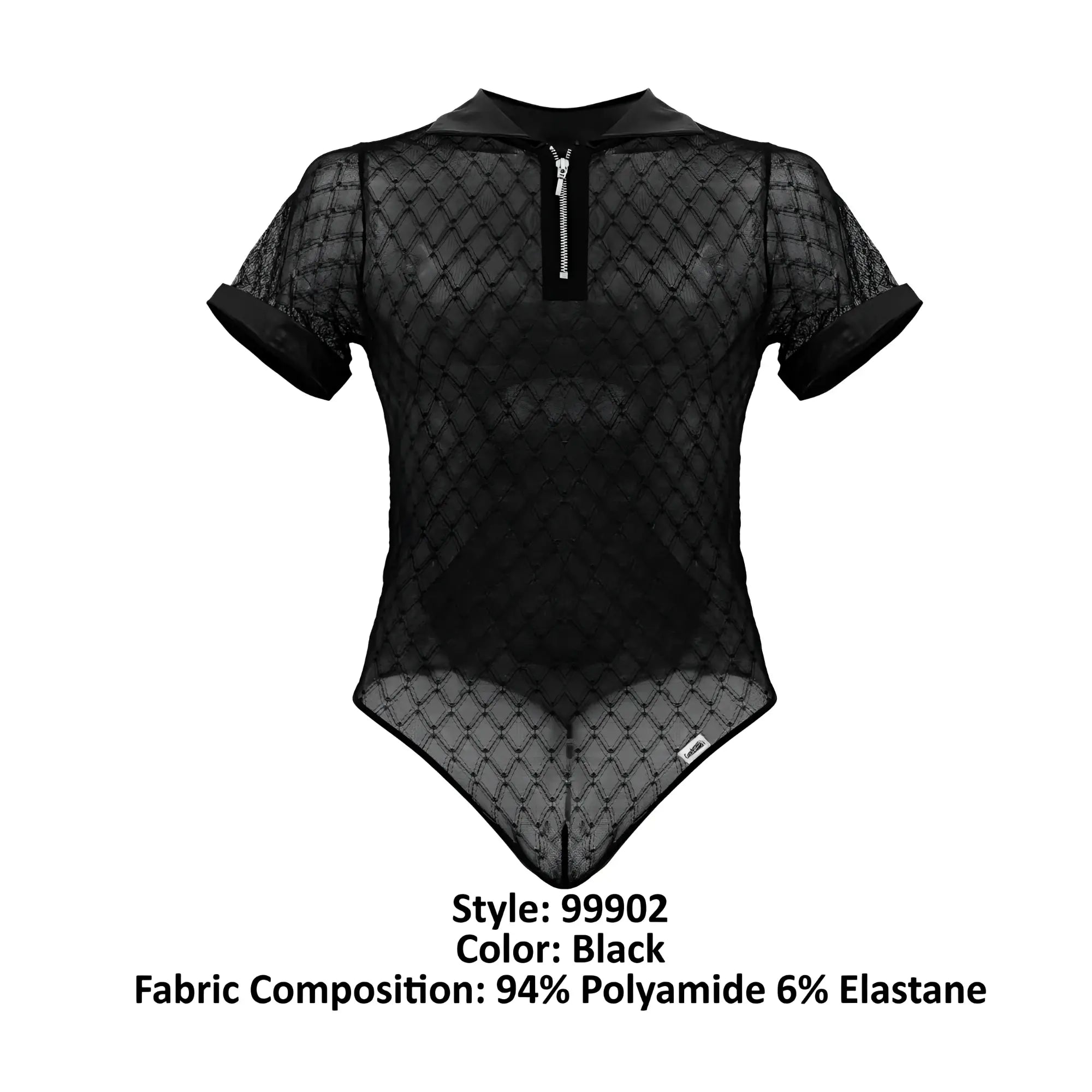 CandyMan 99902 geometric mesh bodysuit in black sheer mesh with collar short sleeves and front zipper closure