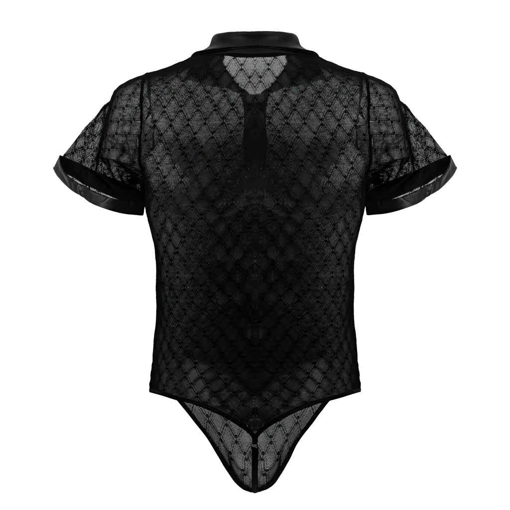 Black sheer lace bodysuit with short sleeves and collar candyMan 99902 geometric mesh bodysuit color black