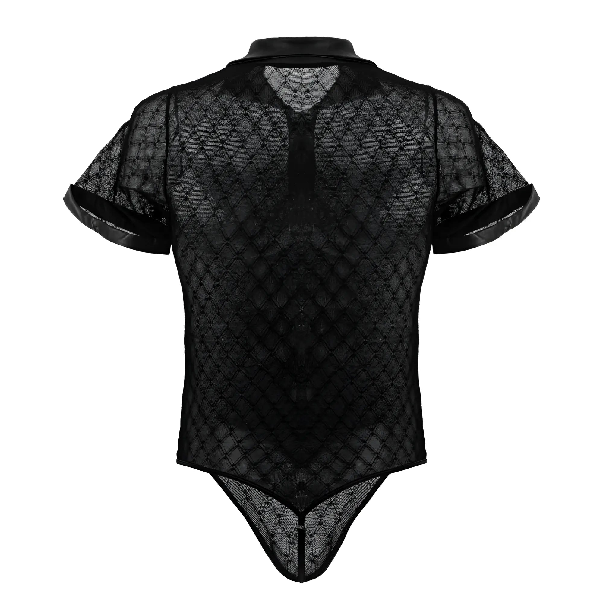 Black sheer lace bodysuit with short sleeves and collar candyMan 99902 geometric mesh bodysuit color black