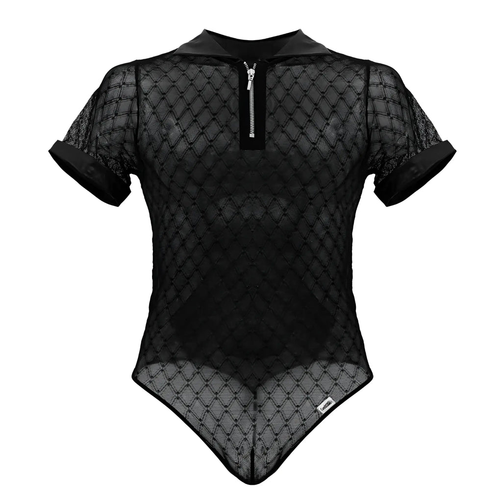 CandyMan 99902 geometric black mesh bodysuit with short sleeves collar and front zipper made of breathable fabric